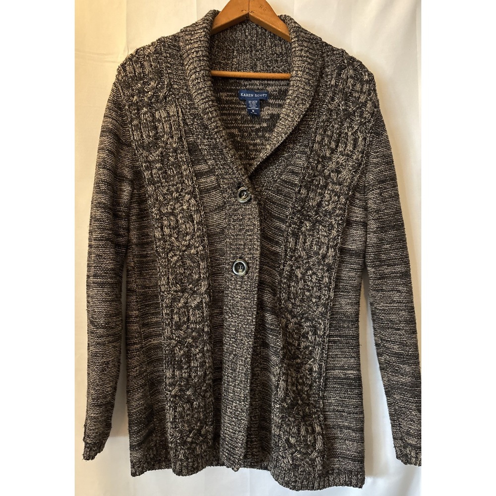 Karen Scott Women's Size M Black Marbled 2 Button-Up Cable Knit Sweater Cardigan